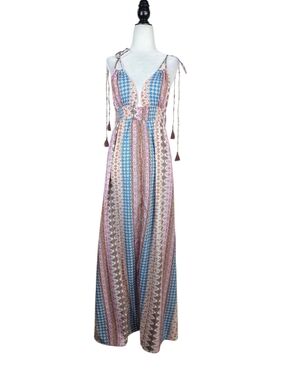 Lulus Boho Maxi Dress - Blue & Pink Striped Geo aztec artsy  Pattern